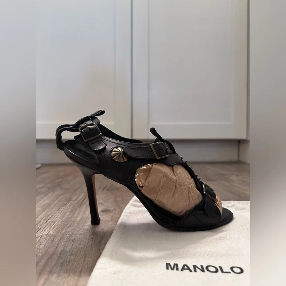 Manolo Blahnik Black Leather Buckle Sandals Brass Medallion Vintage Heels